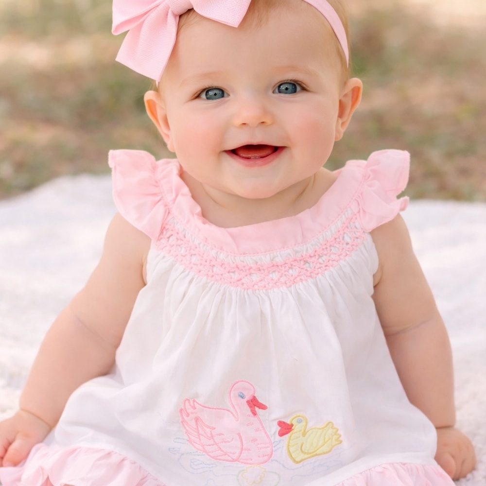 Heirloom Smocked Swan & Duck Dress Set Pink White Ruffle Trim Appliqué 12-18 mo